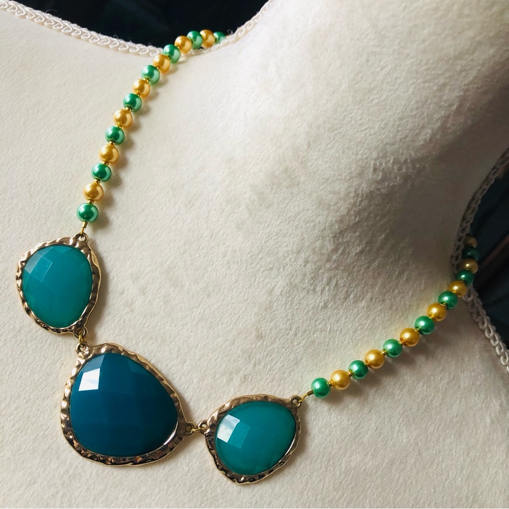 Handcrafted repurpose teal green dome glass pendant Czech glass Pearl necklace